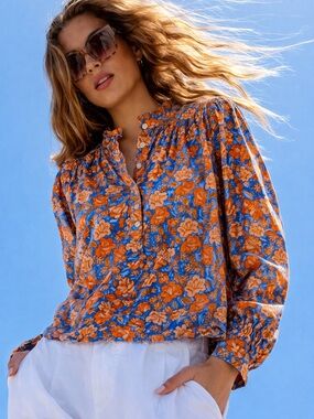 Sundry Blue/Orange Cotton Floral Peasant Blouse – Size 2 (Medium)